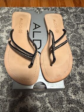 Aldo Nude Leather Thong Sandals with Black Beaded Straps